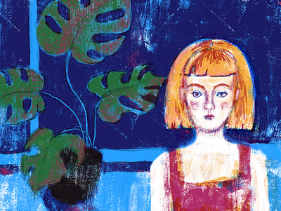 Girl with Monstera character design illustration raster textures