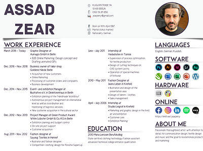 CV about me adobe illustrator adobe indesign adobe lightroom adobe photoshop corel draw cv cv clean cv design cv resume education experience hardware languages microsoft office online software wacom wordpress workspace