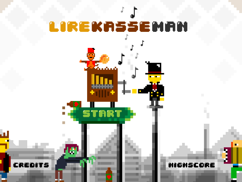 Lirekasse-man – Titlescreen design (Barrelorgan-man) uix ux art direction design vector landscape skyline indie illustration game pixelart globalgamejam
