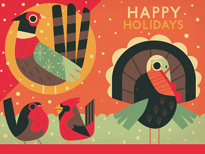 Christmas Birds birds card christmas illustration. pheasant red cardinal robin turkey