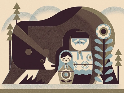 Twodots Postcard #17 bear dolls matryoshka retro russia trees vintage