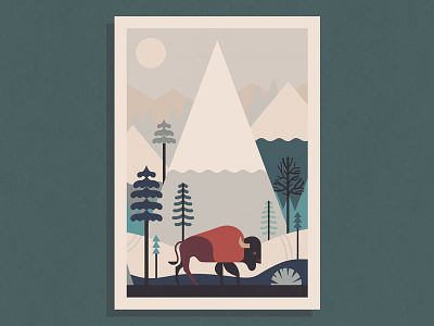 Winter Bison bison mountain print trees