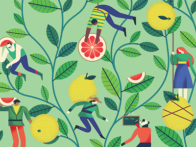 Ice Tea Design characters fruit leaves pomelo tea