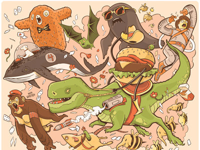 Cheeseburger In Paradise ape bees dinosaurs food funny humor illustration monkey space whale