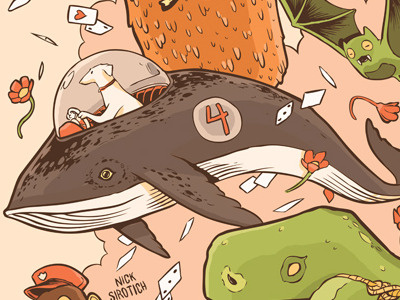 Cheeseburger In Paradise detail ape bees dinosaurs food funny humor illustration monkey space whale