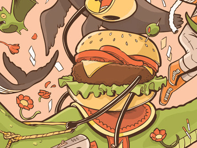 Cheeseburger In Paradise detail 2 ape bees dinosaurs food funny humor illustration monkey space whale