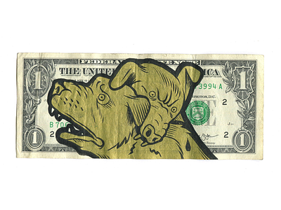 Dog Eat Dog. Hand Painted Dollar. $100. cash dog dog eat dog dollar bill gold illustration money original art painting san francisco
