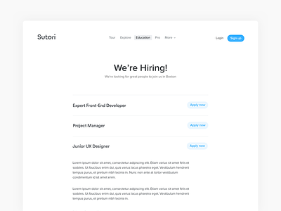 Sutori Hiring Page app application branding clean hiring logo minimal project startup sutori ui web