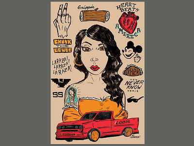 Lowrider Truck and Girl adobe photoshop chicano girl hand drawn illustration lowrider pin up poster red southwest truck