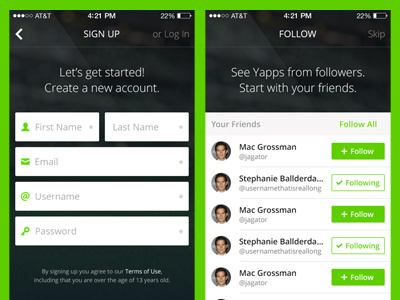 Updated Onboarding and Sign Up app green input ios list log in sign up sports