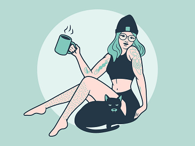 Pinup Self Portrait cat coffee illustration pinup tattoos vector