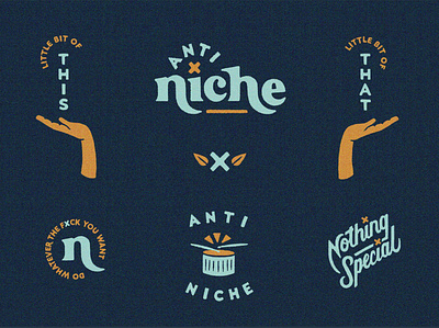 Anti Niche Brand Elements anti niche badge design branding custom type do whatever the fuck you want hands illustration lettering logo procreate script serif type lockup vintage