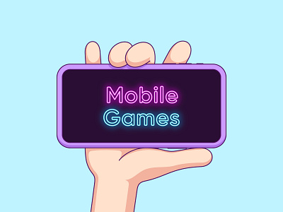 Mobile Games advertisement cartoon design gamer gaming human hand illustration mobile mobile games neon headline neon text phone phone display player presentation promotion show touchscreen phone vectorart