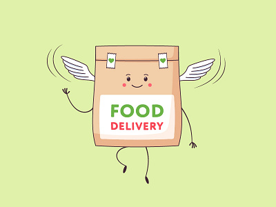 Food Delivery Character cartoon character courier cute deliver delivery fast delivery flying food delivery foodstuff kawaii mascot packet paper package products service shipment vector illustration wings yummy