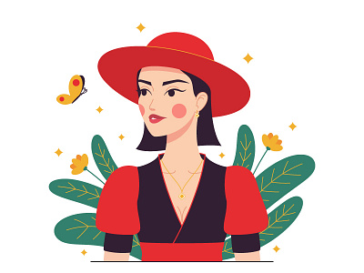 Woman in red hat beauty butterfly cartoon character art character design design digital art fashion fashion illustration garden illustration light skin minimalism minimalist composition red hat vector art vector illustration woman woman character woman portrait