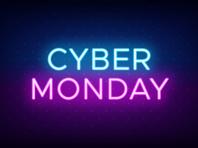 Cyber Monday advertising banner blue and purple caption cyber monday glow effect headline neon colors neon glow neon light offer poster promotion sale social media title vector illustration