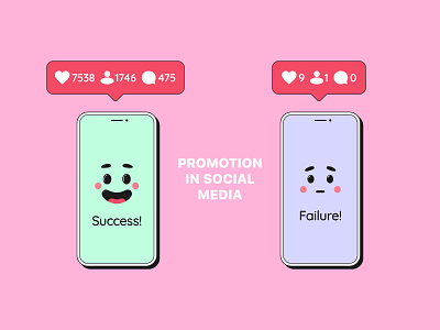 Promotion in social media account bubble cartoon character comment counter cute emotion facial expressions follower instagram like message mobile phone notification promotion smartphone social media social network vector illustration