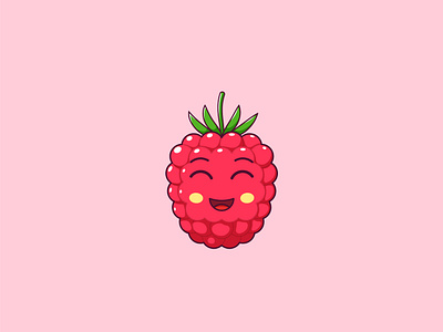 Cute Kawaii Raspberry, Cartoon Fruit cartoon cute emoji fruit illustration kawaii raspberry smile sticker summer vector