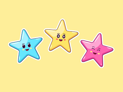 Cute Kawaii Stars, Stickers baby blue cartoon character cheerful comic cute emoji emotion funny golden happy illustraion joyful kawaii kid pink star sticker toy