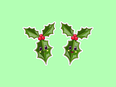 Christmas Kawaii Holly, Stickers baby cartoon character cheerful christmas comic cute emoji emotion funny happy holly ilex illustraion joyful kawaii leaf plant sticker tree