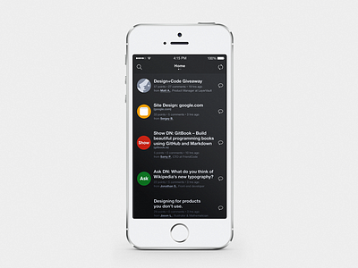 Designer News Home Screen app comments dark icons ios iphone layervault mobile mockup search social ui
