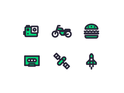 Icons of things burger gopro icons line motorcycle outline satellite shuttle space stroke tape