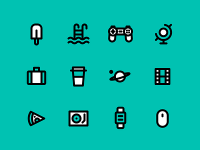 Freestyle icons set apple cinema coffee gamepad icecream icons mouse outline pizza pool stroke watch