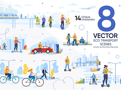 Eco Transport Vector Scenes banner bike car character city eco electric gyro journey lifestyle man people person ride road scooter segway transport travel vector