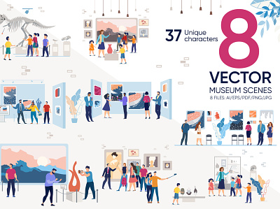 Museum Vector Scenes art artwork cartoon character exhibit exposition flat gallery history illustration modern museum painting people picture sculpture statue vector visitor woman