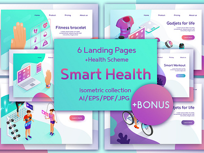 Set of web pages isometric design Smart Health augmented banner care clinic data device digital fitness health illustration isometric medical medicine mobile presentation smart tech technology tracker vector