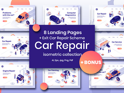 Car Repair Set Isometric Design auto automobile car center design diagnostic engine garage illustration isometric mechanic parts people repair service technician test tire vector worker