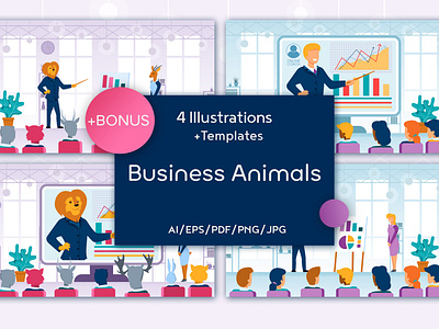 Business Animals Flat Collection allegory animal application background banner board business businessman cartoon chairs character chart coach colleague company conference copy space doing education educator