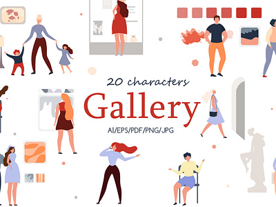 Gallery Charactery Flat Collection art cartoon culture exhibition exposition female flat gallery graphic illustration male man modern museum painting people picture public sculpture visitor