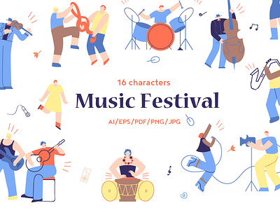 Music Festival Flat Collection background celebration day event festival group guitar invitation karaoke men microphone music nightlife party poster rave rock show stage youth