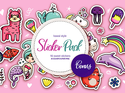 Kawai Style Sticker Pack animal children cones day design fairy fantasy girl girlish greeting ice inspirational kids nice phrase positive promotion text textiles trendy
