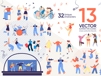 Summer Time Flat Collection banner bicycle bike celebration dance family festival friends fun girl healthy holiday invite music party people ride together vector youth