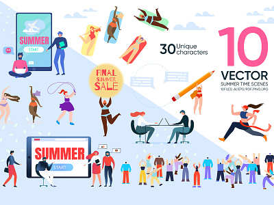 Vector Summer Time Scenes business discounts festival freelancer health mall man people running sale set shopping sport stage store summer time vacation woman work