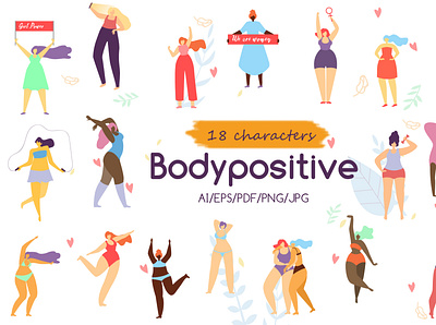 Body Positive Flat Collection banner body character dance exercise feminism fitness health healthy illustration jungle lifestyle pattern positive seamless sport tropical woman women yoga