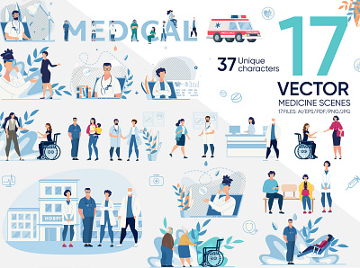 Medicine Scenes Vector Template cartoon character clinic design disease doctor flat healthcare hospital illustration male man medic medical nurse patient physician research technology vector