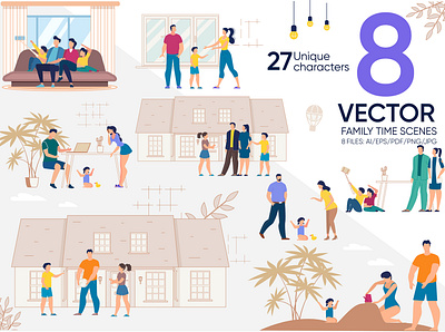 Family Time Vector Scenes art baby boy collection couple daughter design drawing family female kids leisure life lifestyle love male mom person relationship vector