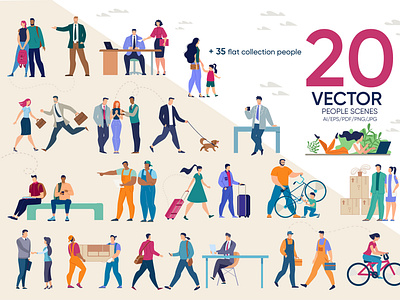 People Scenes Flat Collection activity adult boy bundle child colorful cute female flat graphic guy illustration isolated kid male outdoor people scene together vector