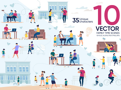 Family Time Vector Scenes art baby banner boy childhood couple cute daughter design drawing family kids leisure life lifestyle love mom person relationship vector