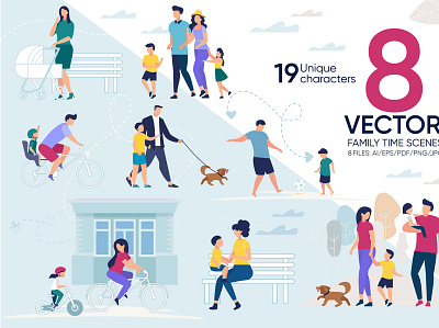 Family Time Vector Scenes activity art baby boy childhood couple cute daughter design drawing family kids life lifestyle love mom nature person relationship vector