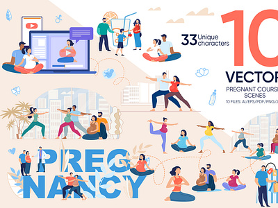 Pregnant Courses Vector Scenes banner childbirth exercise family fitness flat illustration internet landing mother motherhood online pregnancy pregnant preparation set trendy vector website yoga