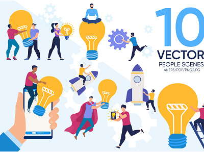 People Vector Scenes analysis brainstorm businessman collaboration communication concept creative design idea illustration innovation light management marketing modern plan project strategy success team