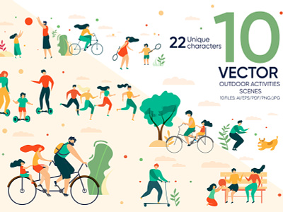 Outdoor Activities Vector Scenes bicycle character collection dog exercise garden group illustration jogging kids nature outdoor park people person sport summer tree vector vitality