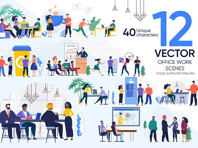 Office Work Vector Scenes background boss business collaboration corporate desk employee illustration job meeting office people person presentation professional team vector woman work worker