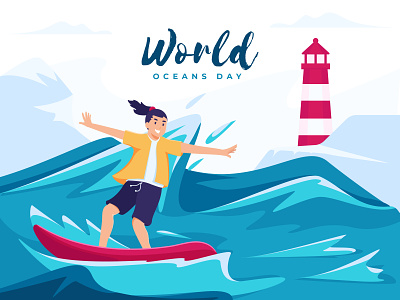 World Oceans Day - Surfing Illustration design flat freelance designer illustration ocean oceans day sea surfing surfing illustration ui vector website world oceans day