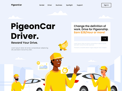 PigeonCar - Rent a Car Driver Illustration app design driver driver illustration flat illustration landing page taxi taxi online ui vector web design website