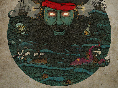 Black Beard beard beer black illustration octopus pirate ship skull